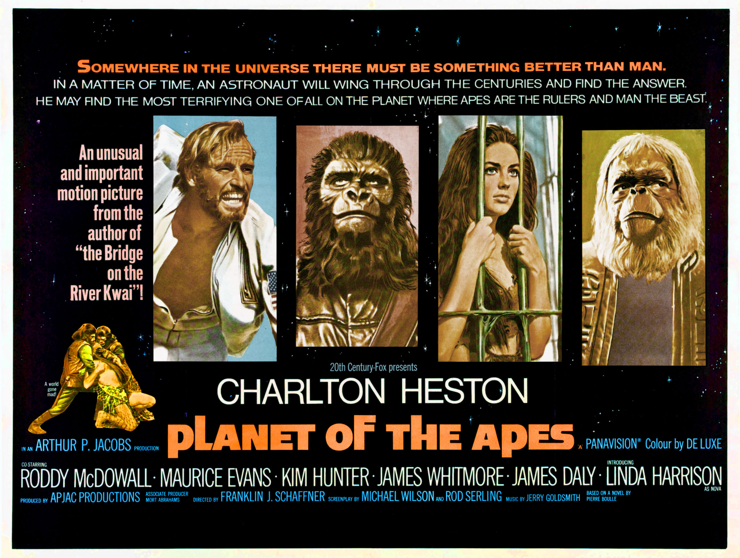 PLANET OF THE APES, Charlton Heston (left), Linda Harrison (second right), Maurice Evans (right), 1968,