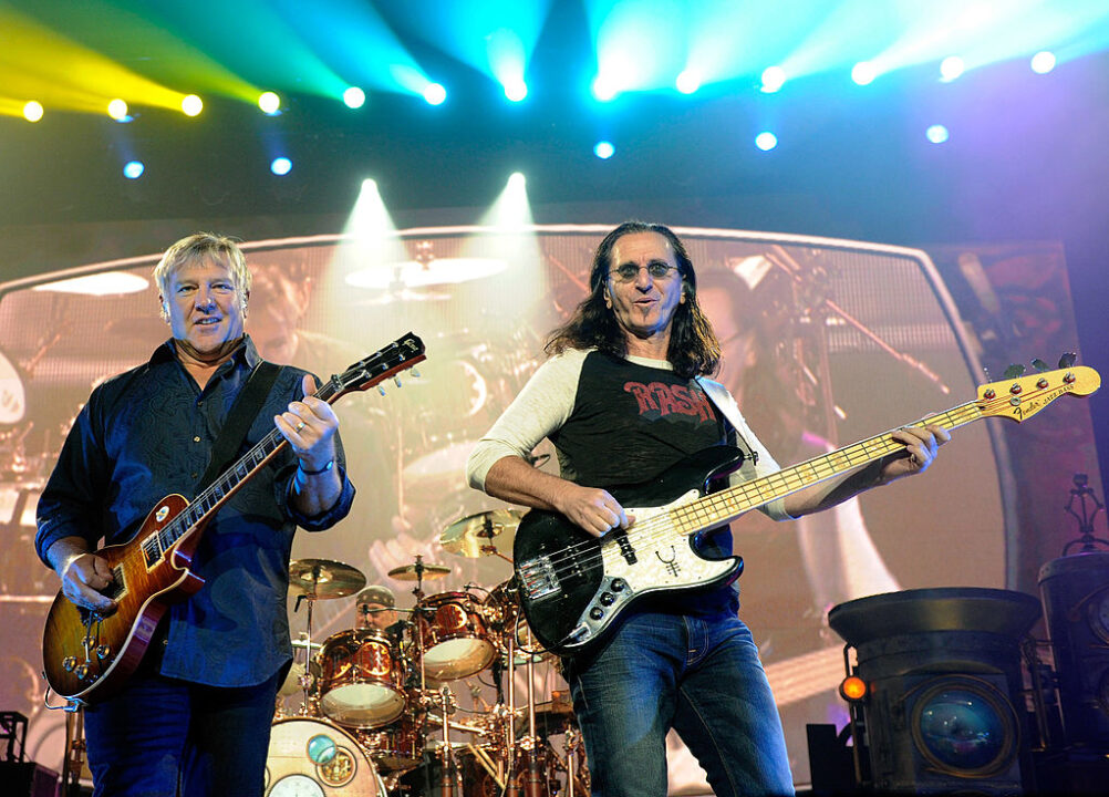 Rush guitarist Alex Lifeson, drummer Neil Peart and singer/bassist Geddy Lee perform at the MGM Grand Garden Arena during a stop of the band's Time Machine Tour August 14, 2010 in Las Vegas, Nevada