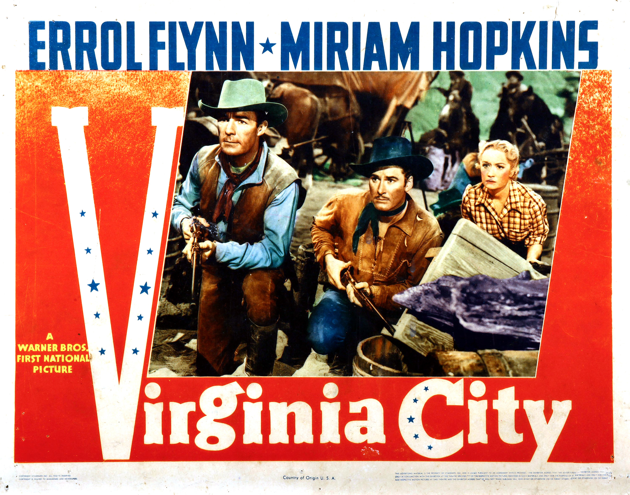 VIRGINIA CITY, US lobbycard, from left: Randolph Scott, Errol Flynn, Miriam Hopkins, 1940