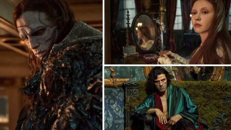 FRANKENSTEIN. Jacob Elordi, Oscar Isaac, and Mia Goth in Frankenstein. Cr. Ken Woroner/Netflix © 2025.