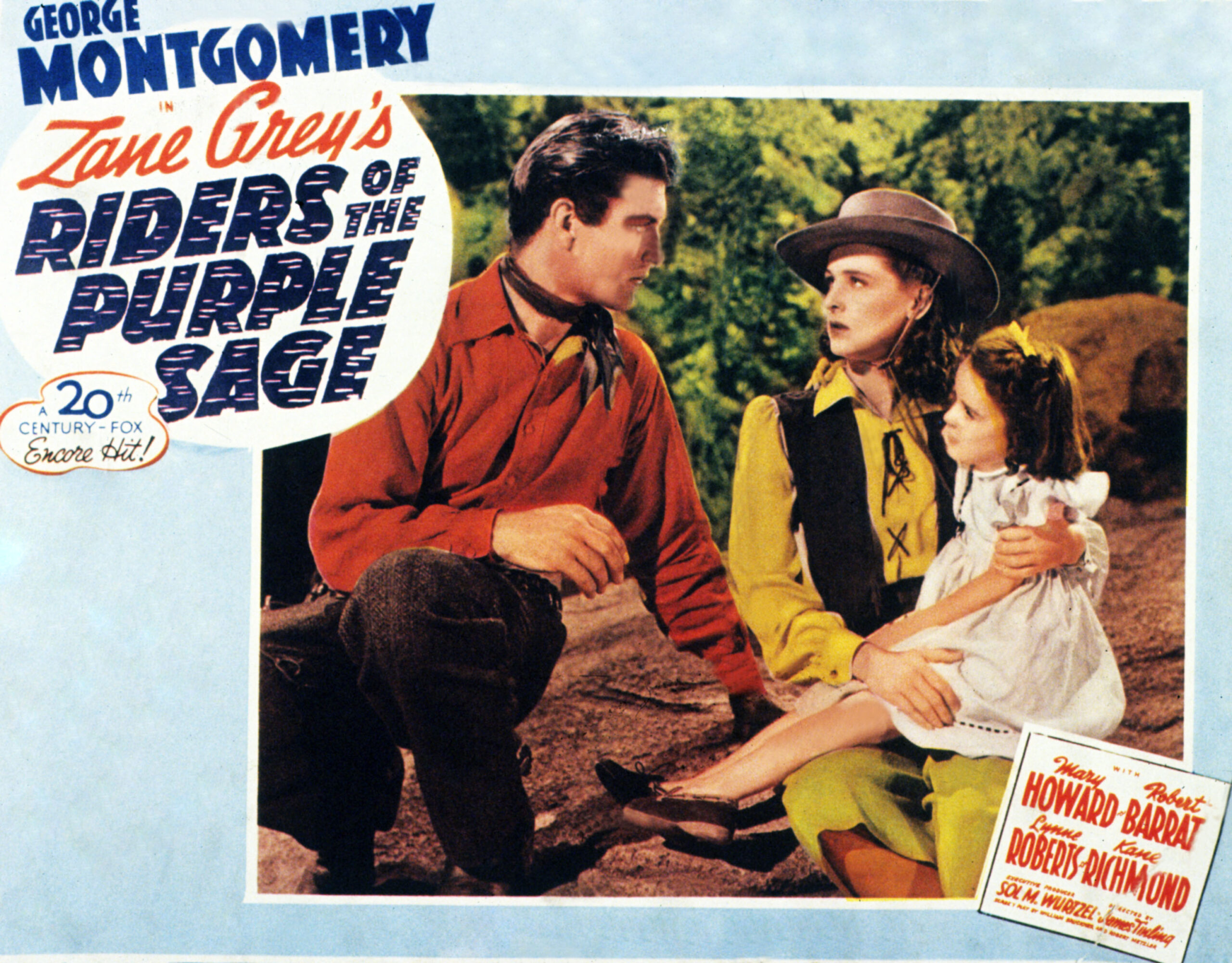 RIDERS OF THE PURPLE SAGE, lobbycard, l-r: George Montgomery, Mary Howard, Patsy Patterson, 1941. lobby card