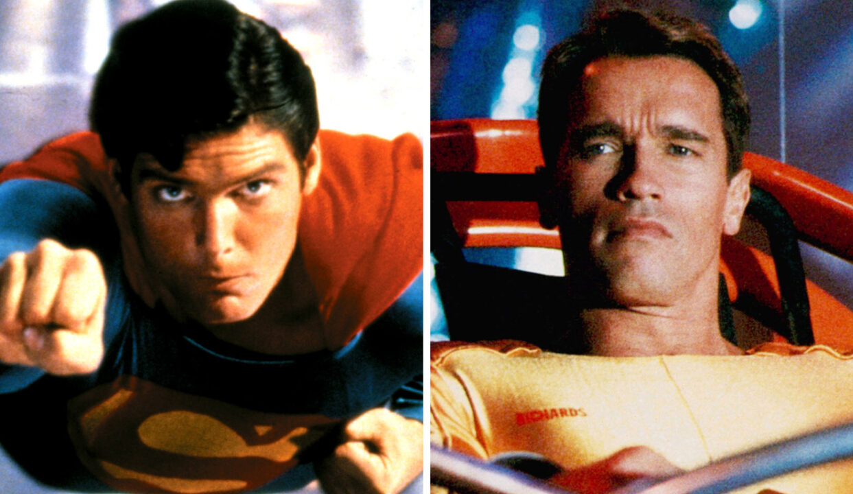 SUPERMAN, Christopher Reeve, 1978; THE RUNNING MAN, Arnold Schwarzenegger, 1987, ©TriStar Pictures/courtesy Everett Collection