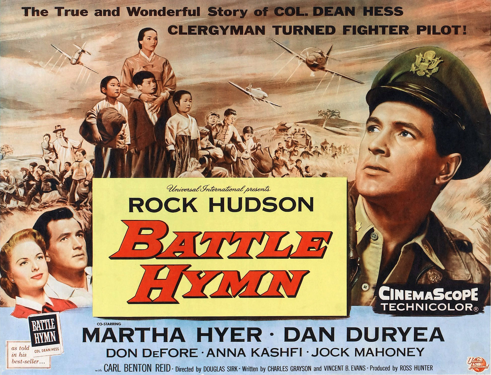 BATTLE HYMN lobbycard: Martha Hyer, Rock Hudson, rock Hudson (front right), 1957