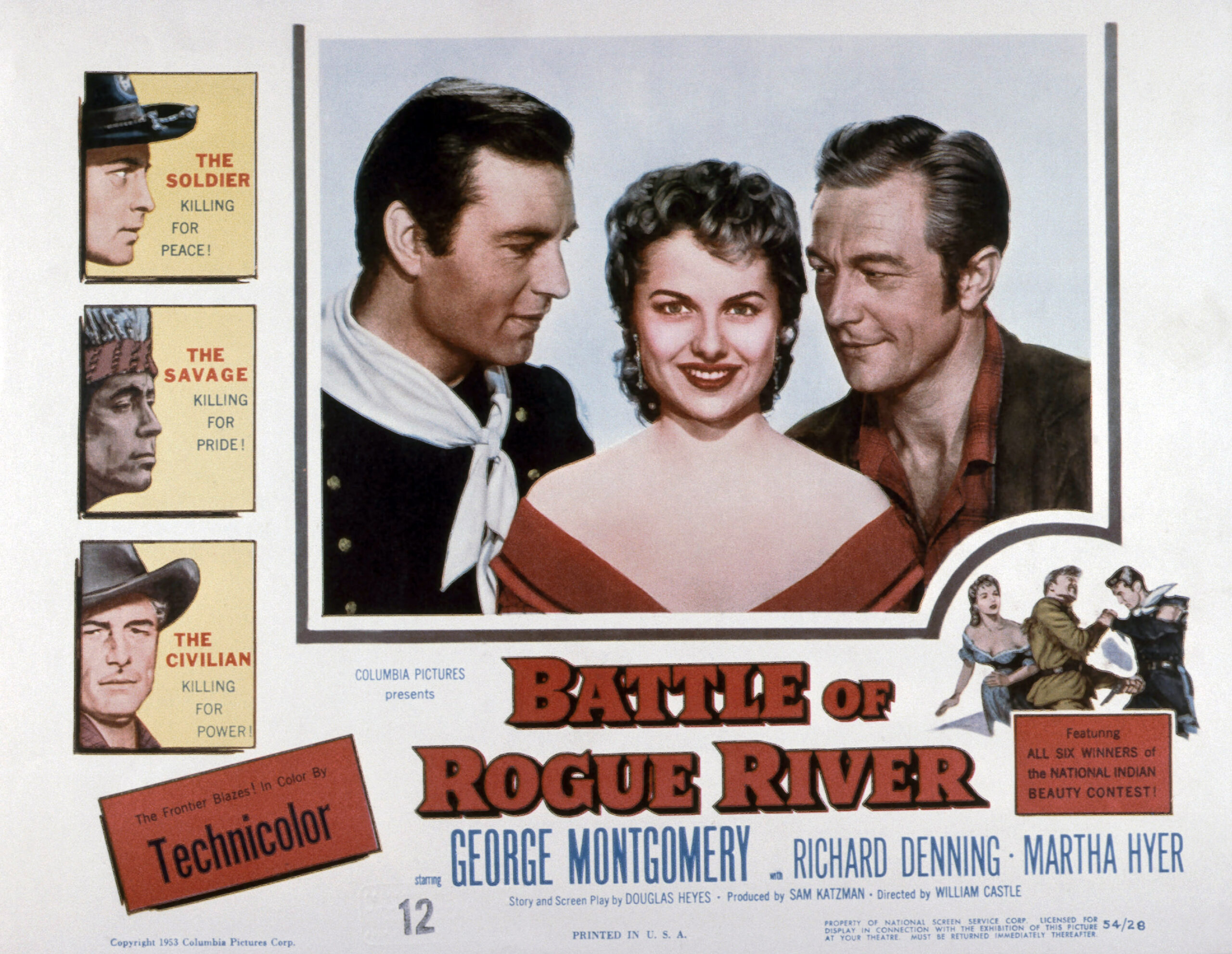 BATTLE OF ROGUE RIVER, left from top: George Montgomery, Michael Granger, Richard Denning, center from left: George Montgomery, Martha Hyer, Richard Denning, 1954 Lobbycard