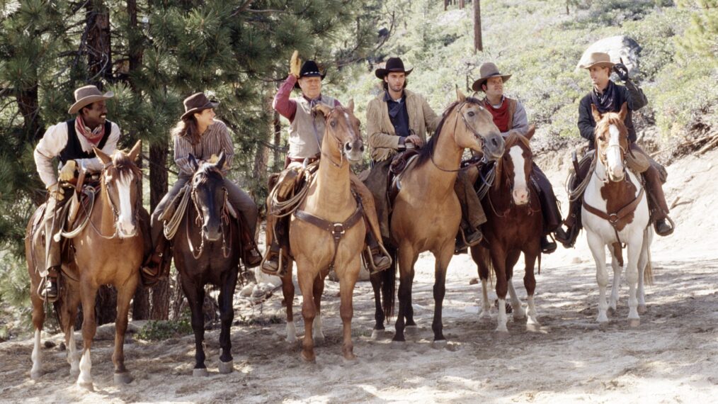 BONANZA: THE RETURN, from left, Richard Roundtree, Emily Warfield, Ben Johnson, Alistair MacDougall, Dirk Blocker, Michael Landon, Jr., aired November 28, 1993