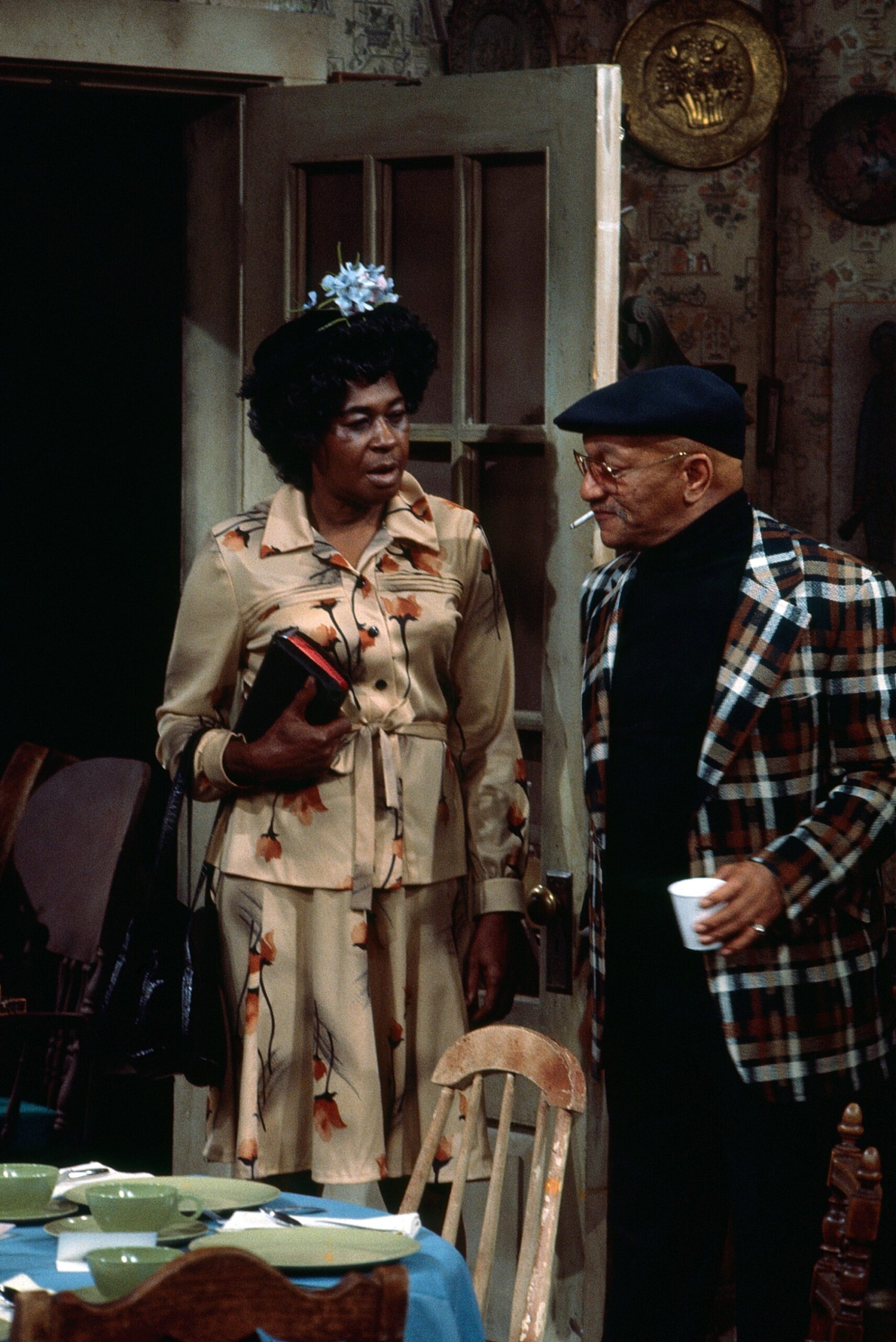 SANFORD AND SON, from left: LaWanda Page, Redd Foxx, on set, 'The Engagement Man Always Rings Twice ', (Season 5 | Episode 20, aired 20 February 1976), 1972-77. 