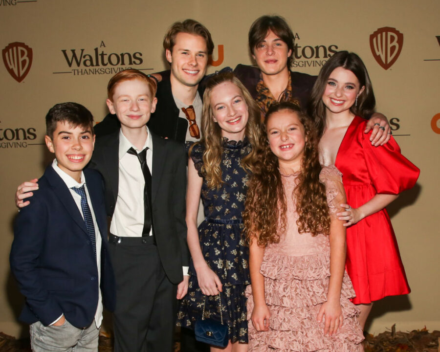 Samuel Goergen, Ryan Newman, Logan Shroyer, Tatum Matthews, Christian Finlayson, Callaway Corrick and Marcelle LeBlanc attend the premiere for "A Waltons' Thanksgiving" at The Garland on November 14, 2022 in North Hollywood, California