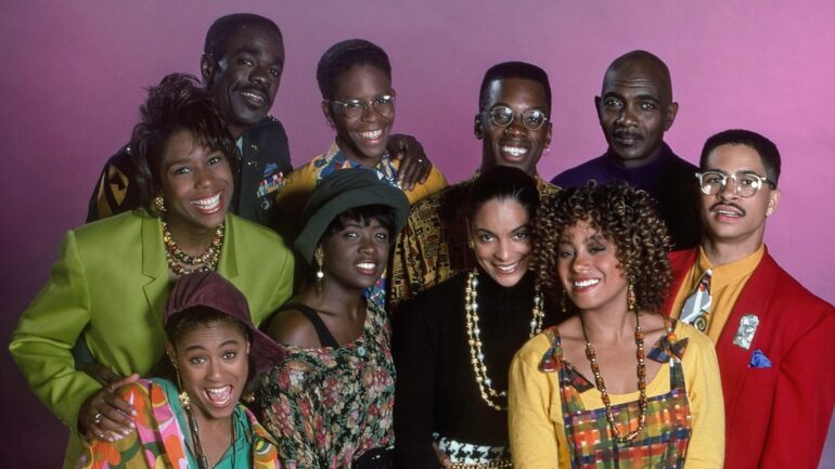 A DIFFERENT WORLD, clockwise from back left: Dawnn Lewis, Glynn Turman, Cory Tyler, Kadeem Hardison, Lou Myers, Darryl M. Bell, Cree Summer, Jasmine Guy, Charnele Brown, Jada Pinkett Smith, (1991), 1987-1993. ph: Gary Null/ ©NBC / Courtesy Everett Collection