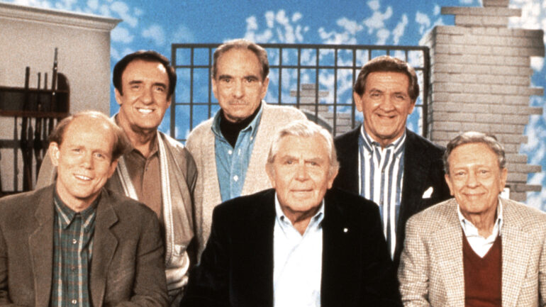 THE ANDY GRIFFITH SHOW REUNION, front from left: Ron Howard, Andy Griffith, Don Knotts, rear from left: Jim Nabors, Jack Dodson, George Lindsey, 1993