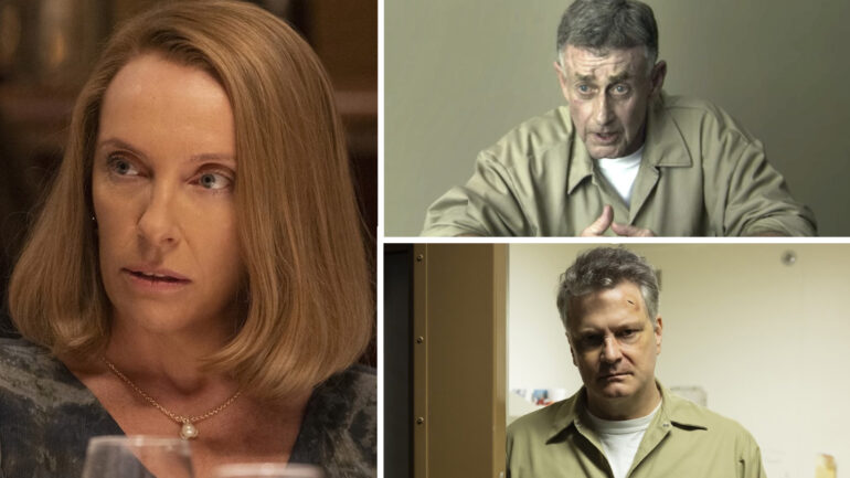 THE STAIRCASE, from left: Colin Firth (head turned) as Michael Peterson, Toni Collette as Kathleen Peterson, ‘The Beating Heart', (Season 1, ep. 105, aired May 19, 2022). photo: ©HBO Max / Courtesy Everett Collection; THE STAIRCASE, Colin Firth as Michael Peterson, ‘The Beating Heart', (Season 1, ep. 105, aired May 19, 2022). photo: ©HBO Max / Courtesy Everett Collection