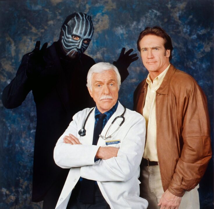 DIAGNOSIS MURDER, from left: Val Valentino (as Masked Magician), Dick Van Dyke, Barry Van Dyke, 'Trash TV', (S6 / E19, aired Apr 29, 1999), 1993-2001