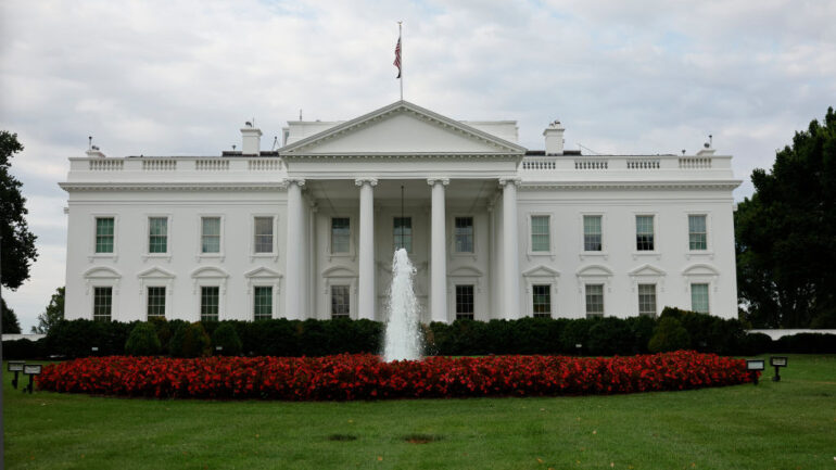 WASHINGTON, DC - JULY 18: The White House is seen on July 18, 2024 in Washington, DC. President Joe Biden tested positive for Covid-19 while traveling in Las Vegas for a series of events. He is quarantining in Delaware, according to the White House