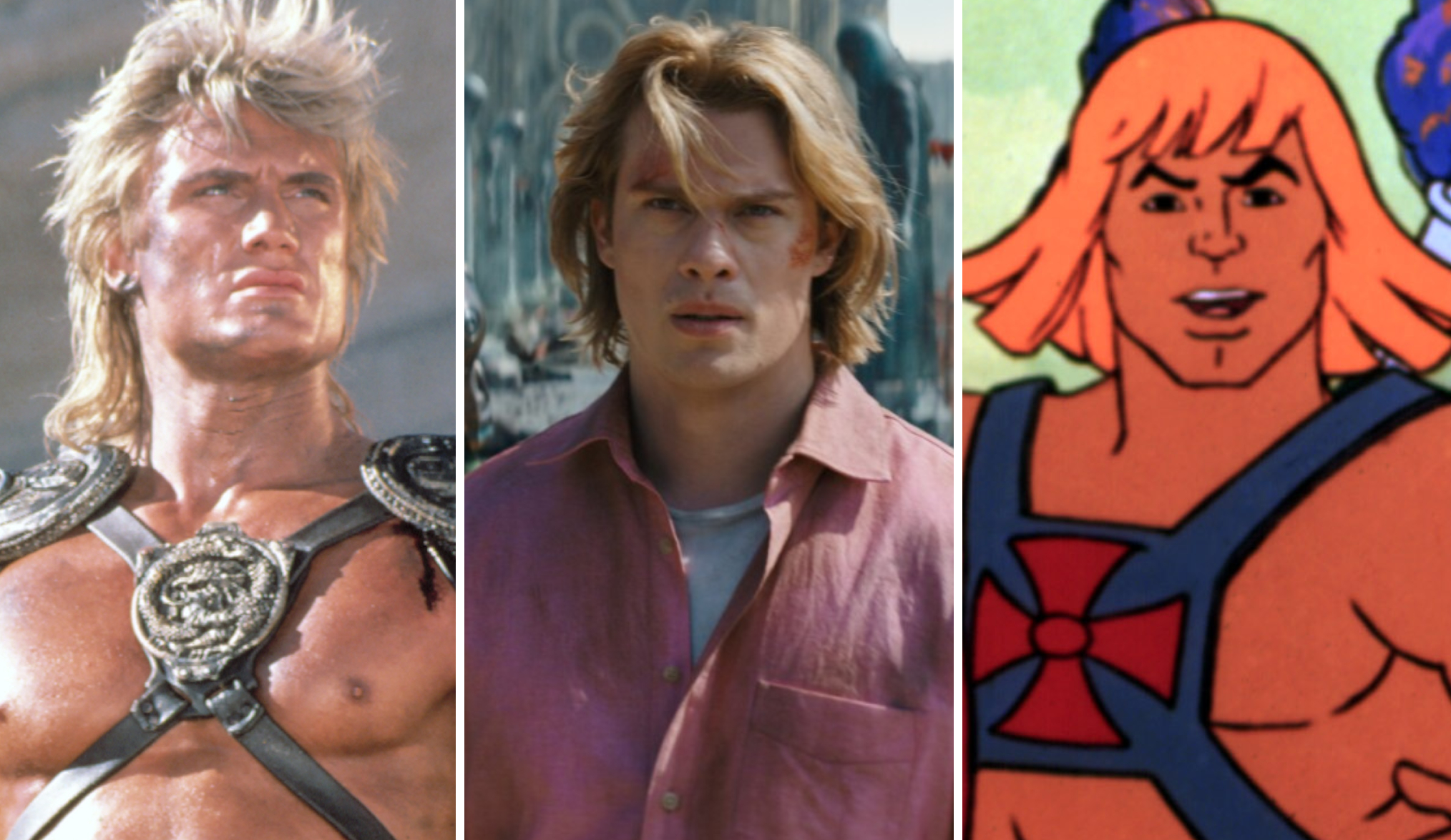 MASTERS OF THE UNIVERSE, Dolph Lundgren, 1987; Nicholas Galitzine stars as Prince Adam / He-Man in 'Masters of the Universe,' Amazon MGM Studios/Mattel Studio; HE-MAN AND THE MASTERS OF THE UNIVERSE, He-Man, 1983-1985