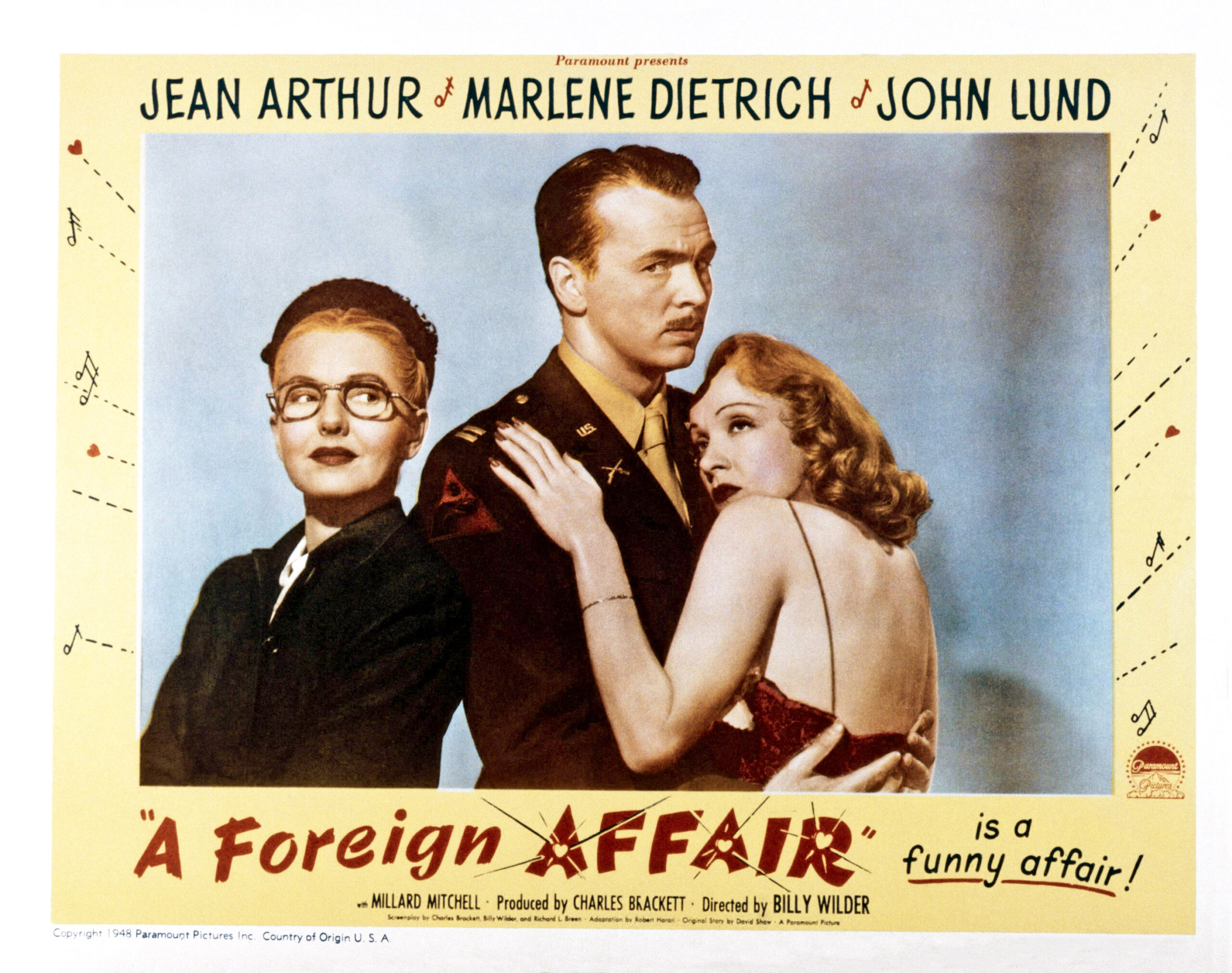 A FOREIGN AFFAIR, from left, Jean Arthur, John Lund, Marlene Dietrich, 1948