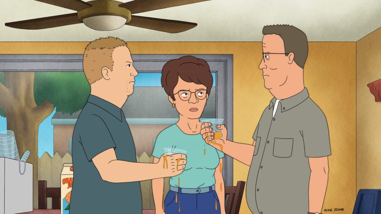 KING OF THE HILL, from left: Bobby Hill (voice: Pamela Adlon), Peggy Hill (voice: Kathy Najimy), Hank Hill (voice: Mike Judge), The Beer Story', (Season 14, ep. 1402, aired Aug. 4, 2025)