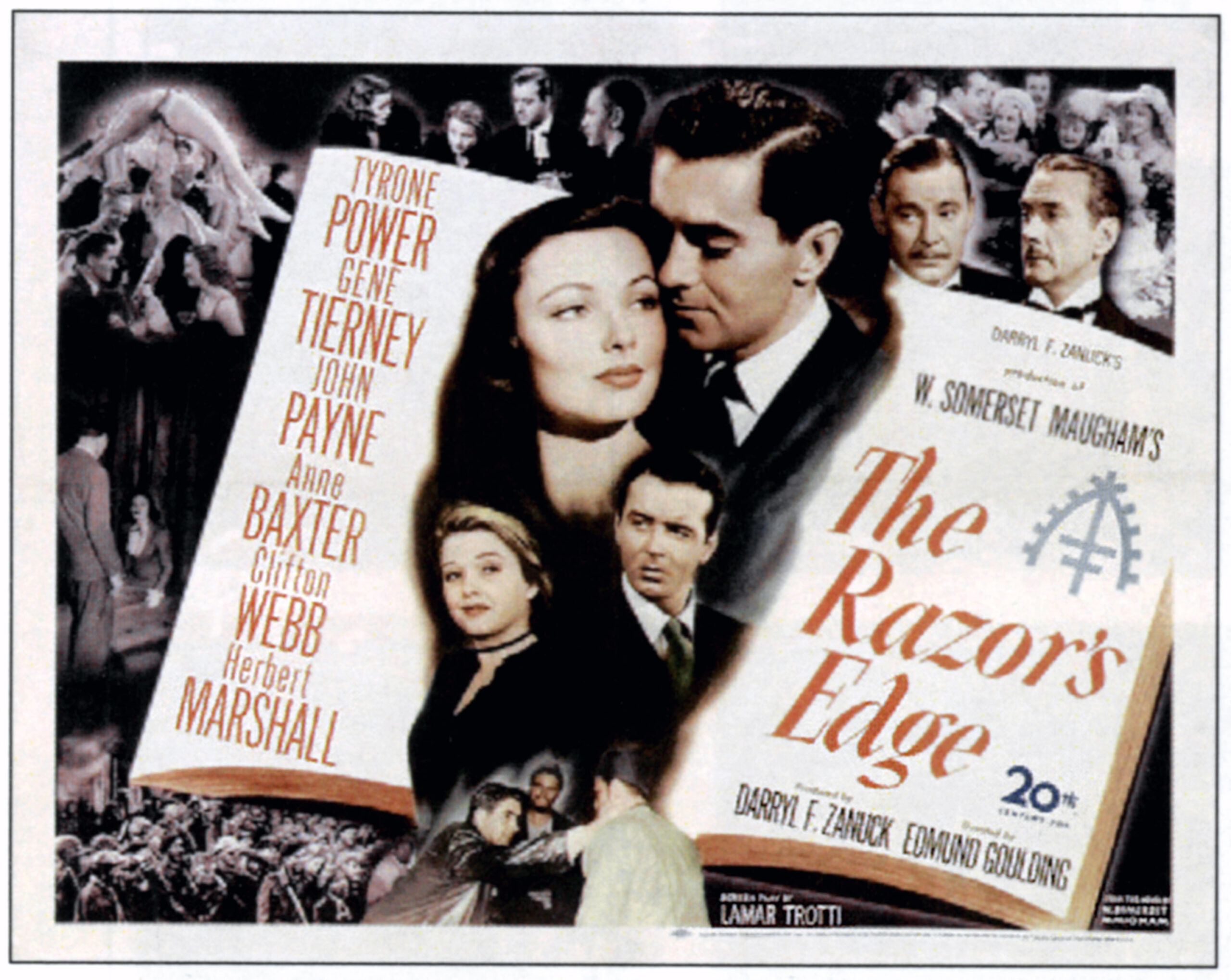 THE RAZOR'S EDGE, center clockwise from left: Gene Tierney, Tyrone Power, John Payne, Anne Baxter, top right from left: Herbert Marshall, Clifton Webb, 1946, 
