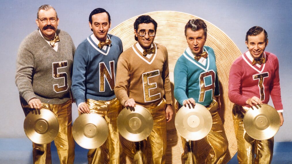 SCTV (aka SECOND CITY TV), from left: John Candy, Joe Flaherty, Eugene Levy, Dave thomas, Rick Moranis, 1976-81.