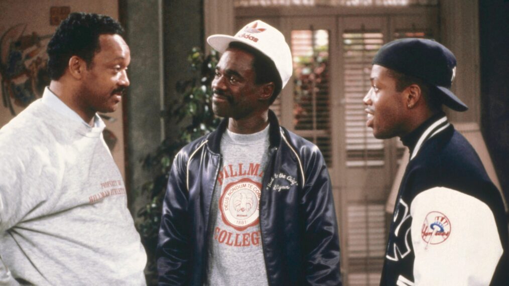 A DIFFERENT WORLD, from left: Jesse Jackson, Glynn Turman, Kadeem Hardison, 'Citizen Wayne,' (season 2, episode 21, aired April 27, 1989), 1987-1993, © NBC/courtesy Everett Collection
