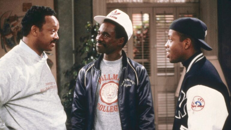 A DIFFERENT WORLD, from left: Jesse Jackson, Glynn Turman, Kadeem Hardison, 'Citizen Wayne,' (season 2, episode 21, aired April 27, 1989), 1987-1993, © NBC/courtesy Everett Collection