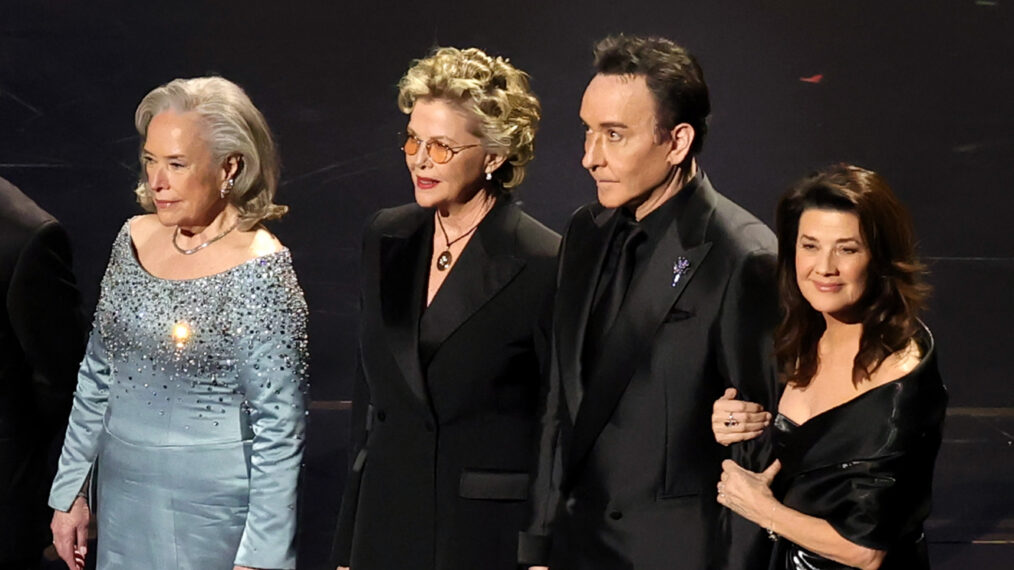 Kathy Bates, Annette Bening, John Cusack and Daphne Zuniga speak onstage during the 98th Oscars at Dolby Theatre on March 15, 2026 in Hollywood, California.