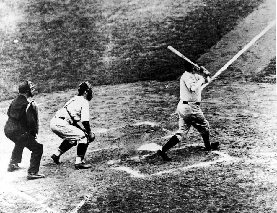 Legendary American baseball player Babe Ruth (1895 - 1948) of the New York Yankees hits a home run in the third game of the World Series against the Chicago Cubs at Wrigley Field, Chicago, October 1, 1932. It was during this game that Ruth gestured with his bat before hitting a home run giving birth to the legend of the 'Called Shot.' 