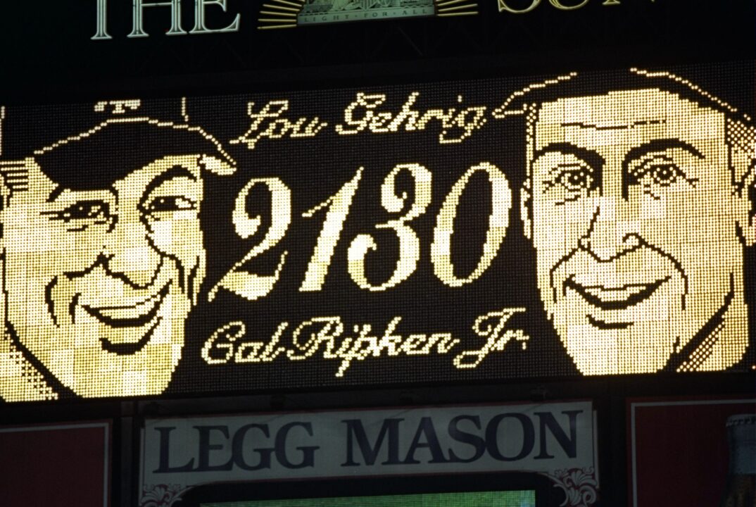 5 Sep 1995: General view of scoreboard at a game between the Baltimore Orioles and the California Angels at Camden Yards in Baltimore, Maryland showing shortstop Cal Ripken has tied Lou Gehrig''s record for number of consecutive games played at 2130. The Orioles won 8-0. 