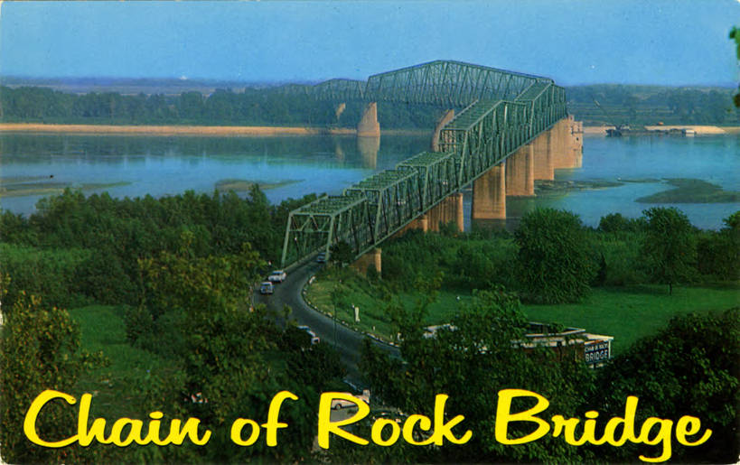 Chain of Rock Bridge was built in 1929. It is a steel structure of the Cantilever type. It spans the Mississippi River and is 1 1 10 miles in length. The name is derived from Rocks Shoal.