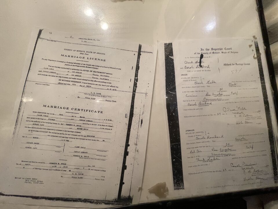 Clark Gable & Carole Lombard Marriage Certicicate copy at the Oatman Hotel in Oatman, Arizona.