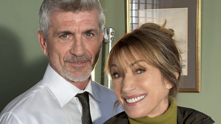 Joe Lando and Jane Seymour on set of 'Harry Wild' Season 5