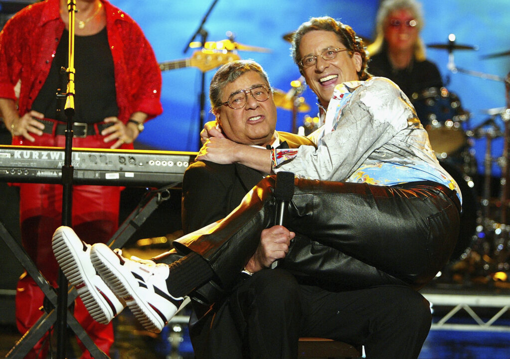 LOS ANGELES - SEPTEMBER 5: Jerry Lewis (L) and his son, singer Gary Lewis, joke around at the 39th Annual Jerry Lewis MDA Labor Day Telethon at CBS Television City on September 5, 2004 in Los Angeles, California.