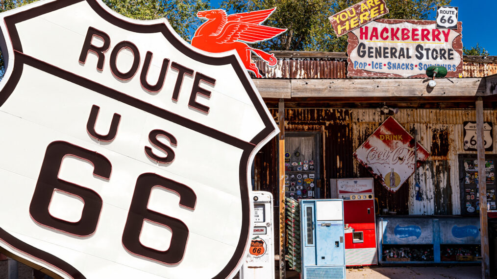 Route 66 sign over Hackberry store collage