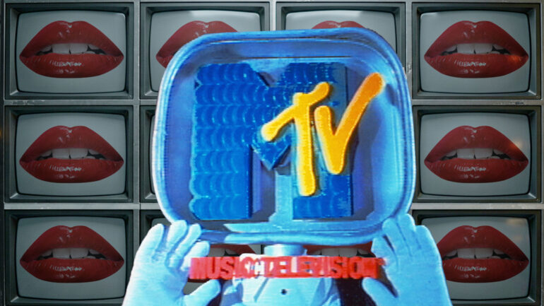 Wall of TVs with lips and MTV logo collage