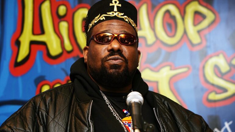 NEW YORK - FEBRUARY 28: Hip hop pioneer Afrika Bambaataa speaks during a press conference to announce the launch of The Smithsonian's 