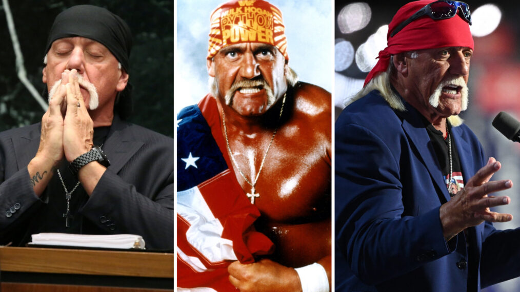 Terry Bollea, aka Hulk Hogan, testifies in court during his trial against Gawker Media (Photo by John Pendygraft-Pool/Getty Images); Hulk Hogan (aka Terry Bollea), ca. 1990; Professional entertainer and wrestler Hulk Hogan speaks on stage on the fourth day of the Republican National Convention at the Fiserv Forum on July 18, 2024 (Photo by Leon Neal/Getty Images)