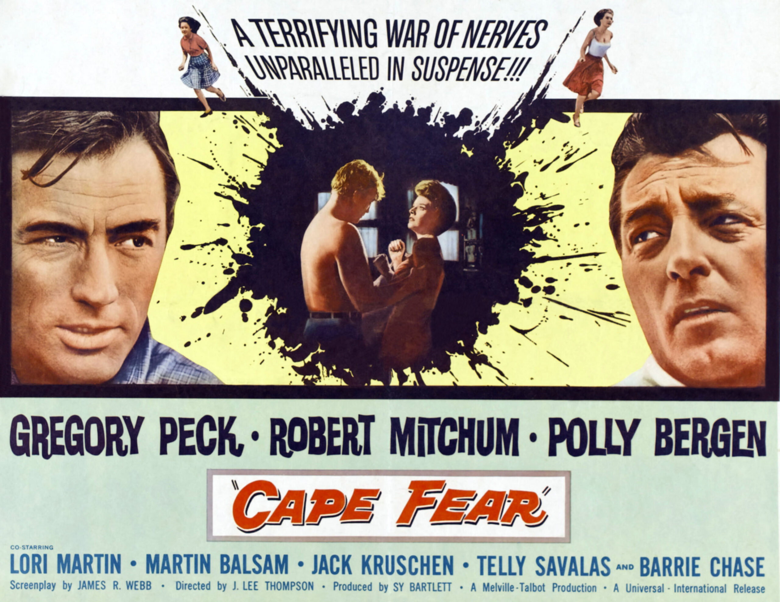 CAPE FEAR, l-r: Gregory Peck, Robert Mitchum, Polly Bergen, Robert Mitchum on poster art, 1962