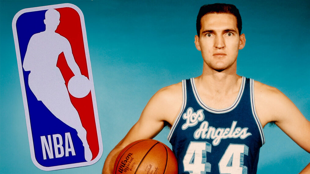 Jerry West of the Los Angeles Lakers, 1960s with NBA logo inset