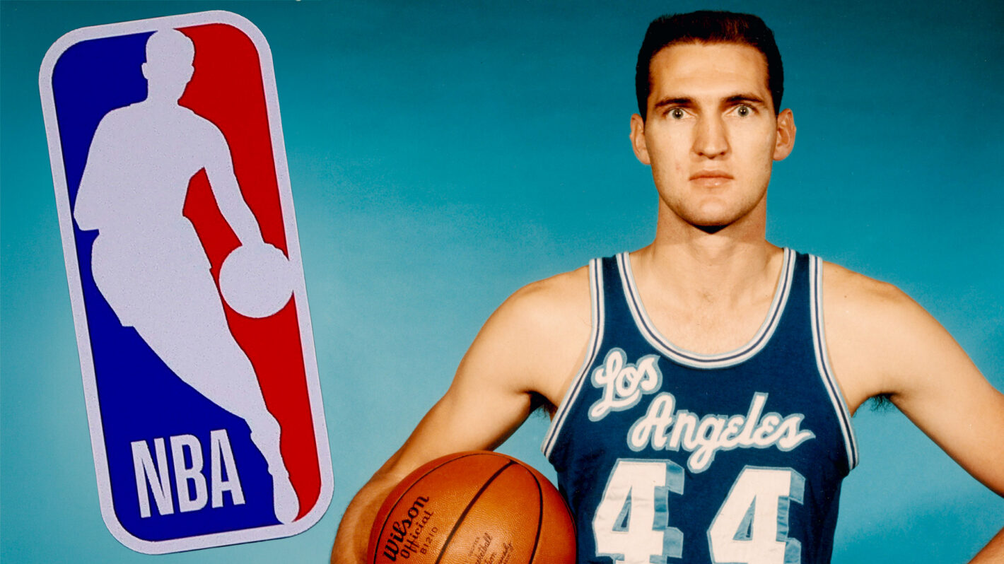 Jerry West of the Los Angeles Lakers, 1960s with NBA logo inset