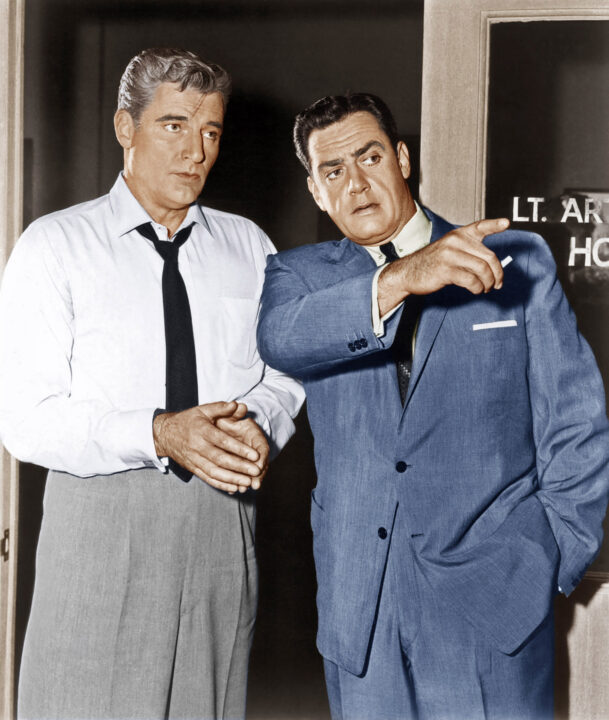 PERRY MASON, from left: William Hopper, Raymond Burr, 1957-66.
