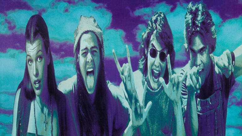 DAZED AND CONFUSED, US poster art, from left: Milla Jovovich, Rory Cochrane, Jason London, Sasha Jenson, 1993,