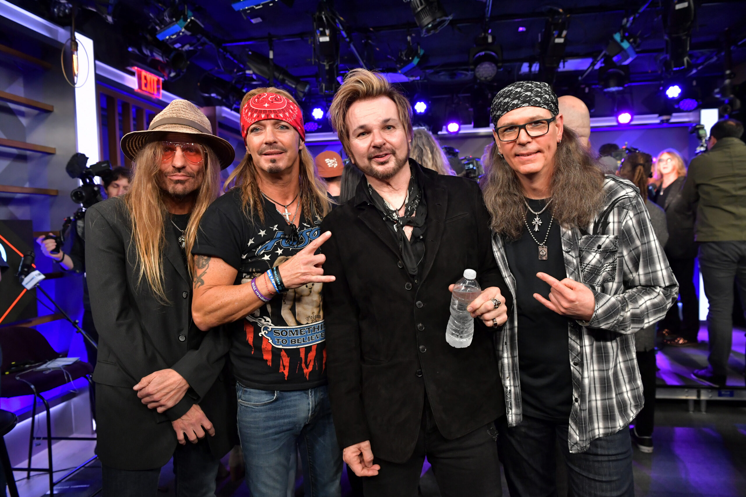 (L-R) C.C. DeVille, Bret Michaels, Rikki Rockett, and Bobby Dall of Poison attend the press conference for THE STADIUM TOUR DEF LEPPARD - MOTLEY CRUE - POISON at SiriusXM Studios on December 04, 2019 in Los Angeles, California.