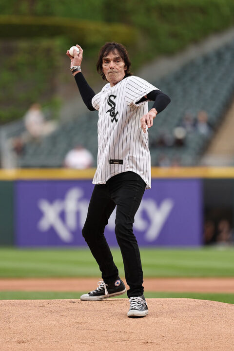 Richie Ramone of The Ramones throws out a first pitch before a game between the Los Angeles Angels and the Chicago White Sox at Rate Field on April 28, 2026 in Chicago, Illinois