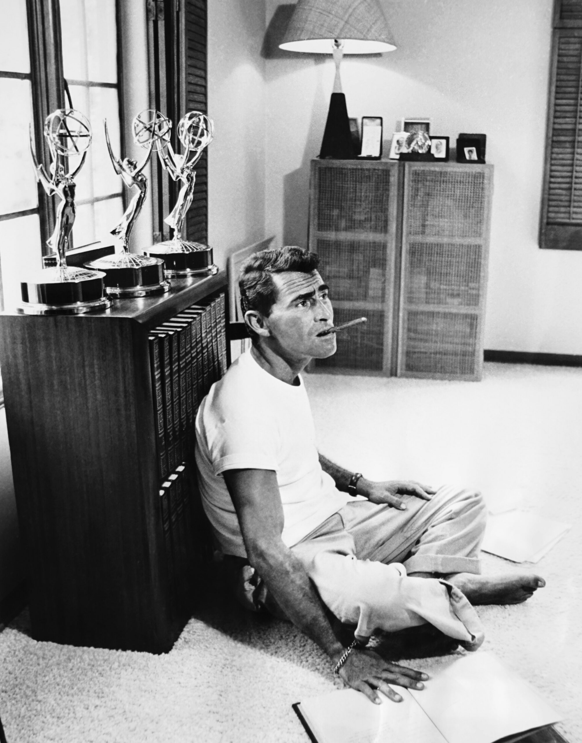 Rod Serling at home with his three Emmy Awards, 1961