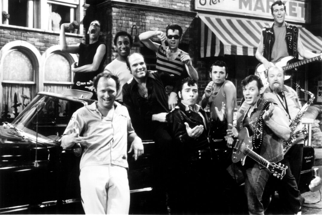 SHA NA NA, from left, front, Scott Simon, Scott Powell, Jocko Marcellino, Johnny Contardo, Danny McBride, Lennie Baker, back, from left, John Bauman, Frederick Greene, Donald York, Dave Ryan, ca. mid-1970s
