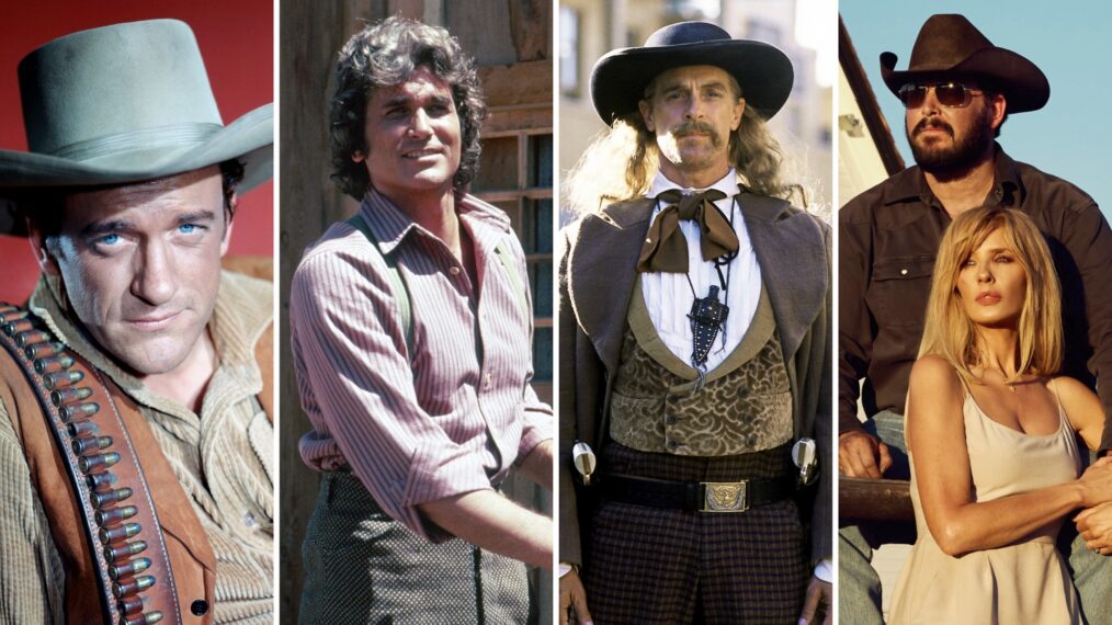 Where to Watch TV Westerns collage Gunsmoke, Little House on the Praire, Deadwood, Yellowstone