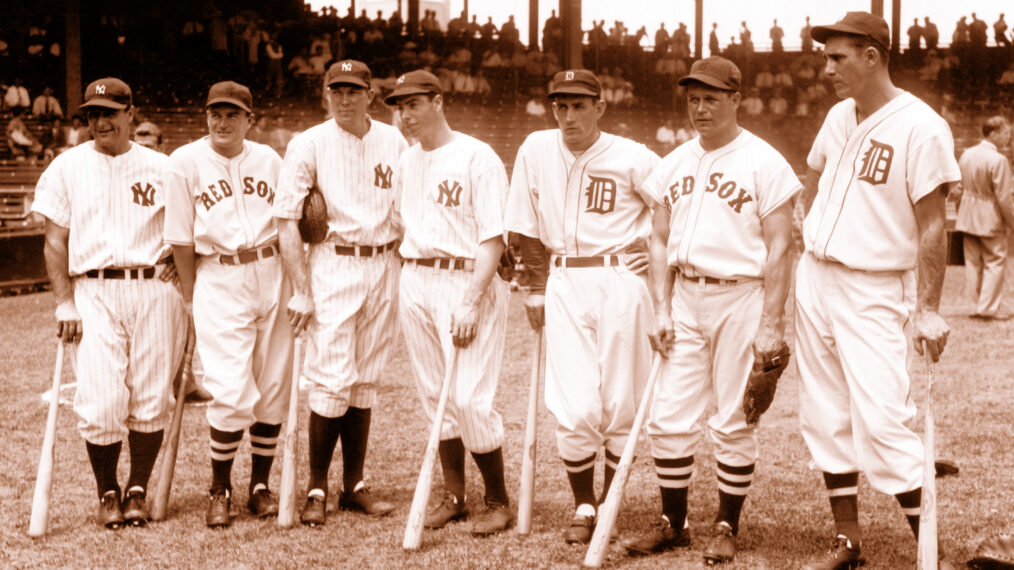 1937 All-Star Game players, from left, Lou Gehrig, Joe Cronin, Bill Dickey, Joe DiMaggio, Charlie Gehringer, Jimmie Foxx, Hank Greenberg, July 7, 1937, at Griffith Stadium, Washington, D.C.