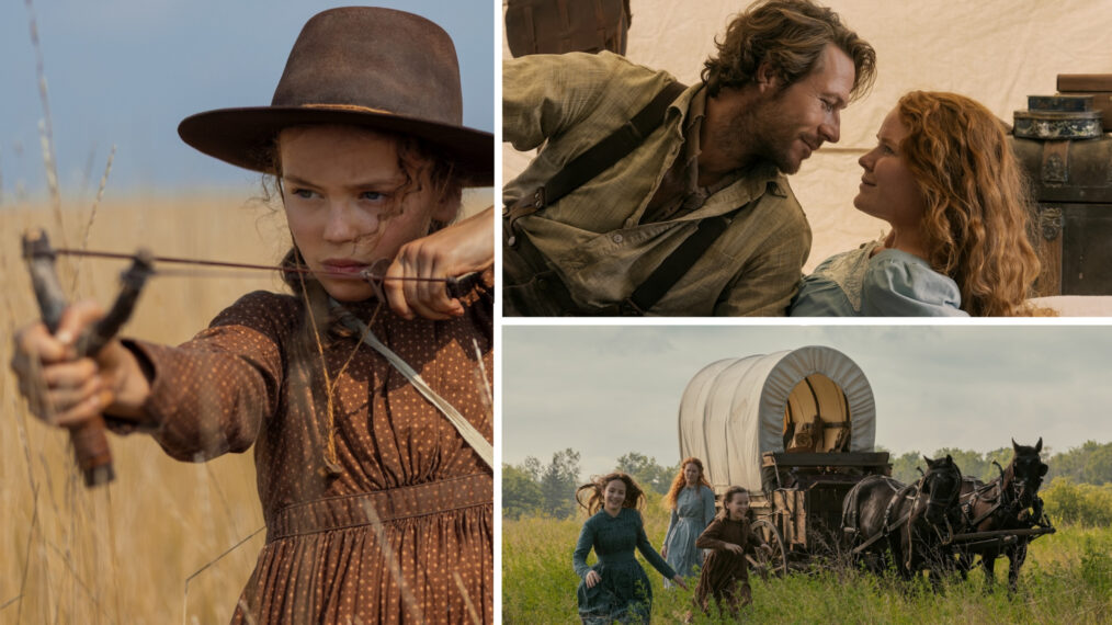 Little House on the Prairie. (L to R) Crosby Fitzgerald as Caroline Ingalls, Luke Bracey as Charles Ingalls, Skywalker Hughes as Mary Ingalls, Alice Halsey as Laura Ingalls in episode 102 of Little House on the Prairie. Cr. Eric Zachanowich/Netflix © 2026