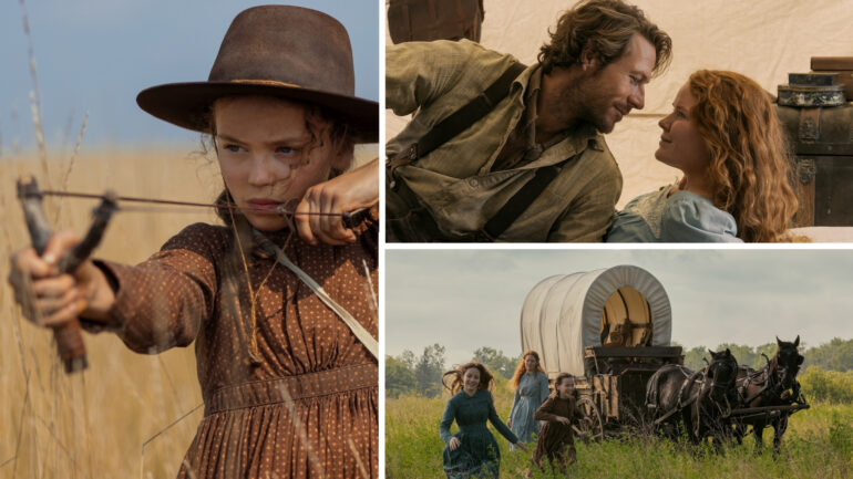 Little House on the Prairie. (L to R) Crosby Fitzgerald as Caroline Ingalls, Luke Bracey as Charles Ingalls, Skywalker Hughes as Mary Ingalls, Alice Halsey as Laura Ingalls in episode 102 of Little House on the Prairie. Cr. Eric Zachanowich/Netflix © 2026