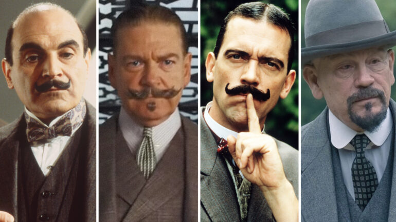 POIROT, Philip Jackson, David Suchet, 'The Murder of Roger Ackroyd,' (aired Jan. 2, 2000), 1989-2002. photo: Stephen Morley/ © BBC/courtesy Everett Collection; DEATH ON THE NILE, Kenneth Branagh as Hercule Poirot, 2020. © 20th Century Studios / Courtesy Everett Collection; SPICE WORLD, Hugh Laurie as Hercule Poirot, 1997, © Columbia/courtesy Everett Collection; THE ABC MURDERS (Episode 1) John Malkovich as Hercule Poirot