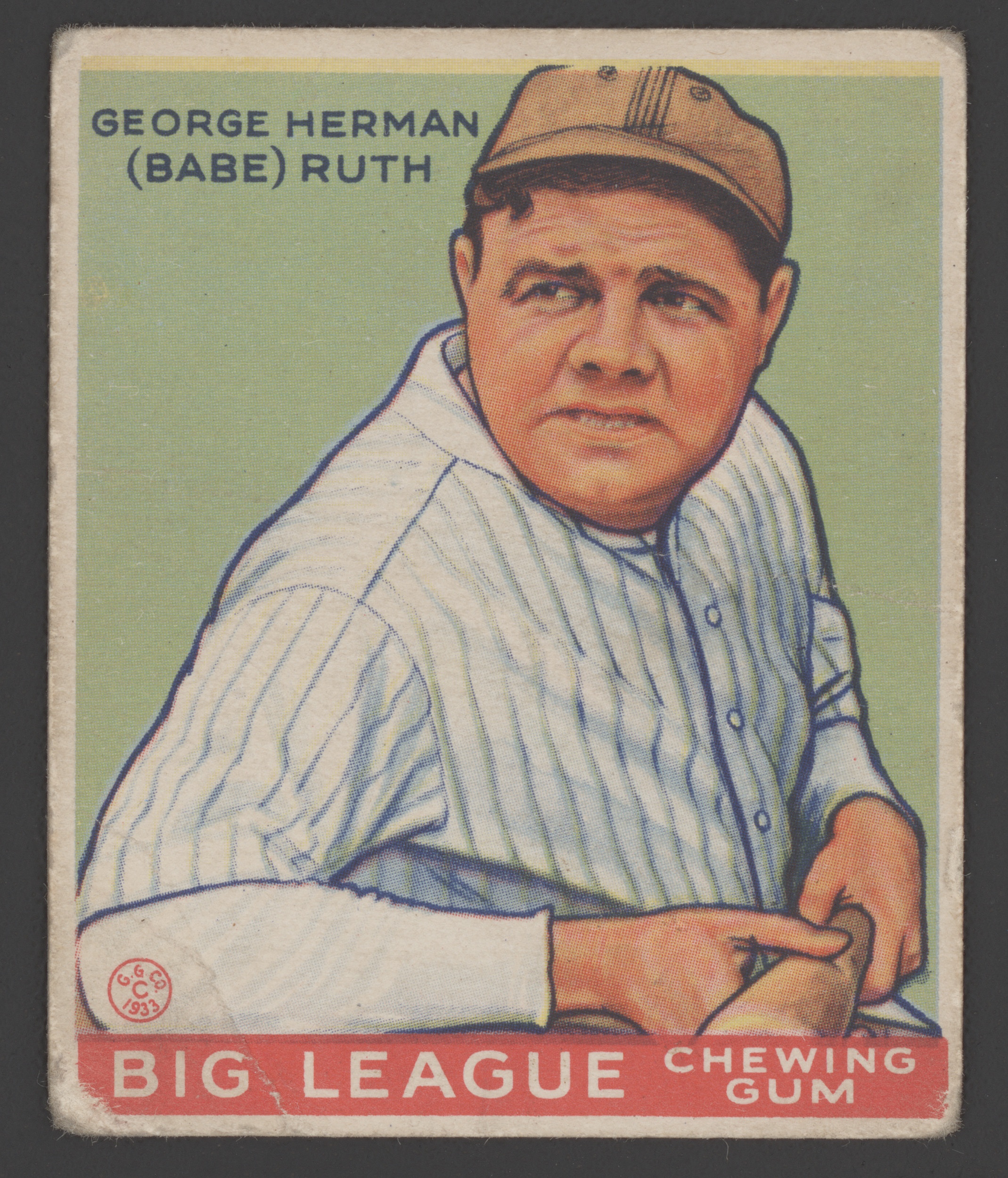 Babe Ruth 1933 baseball card by Big League Chewing Gum. (BSLOC_2015_17_31)