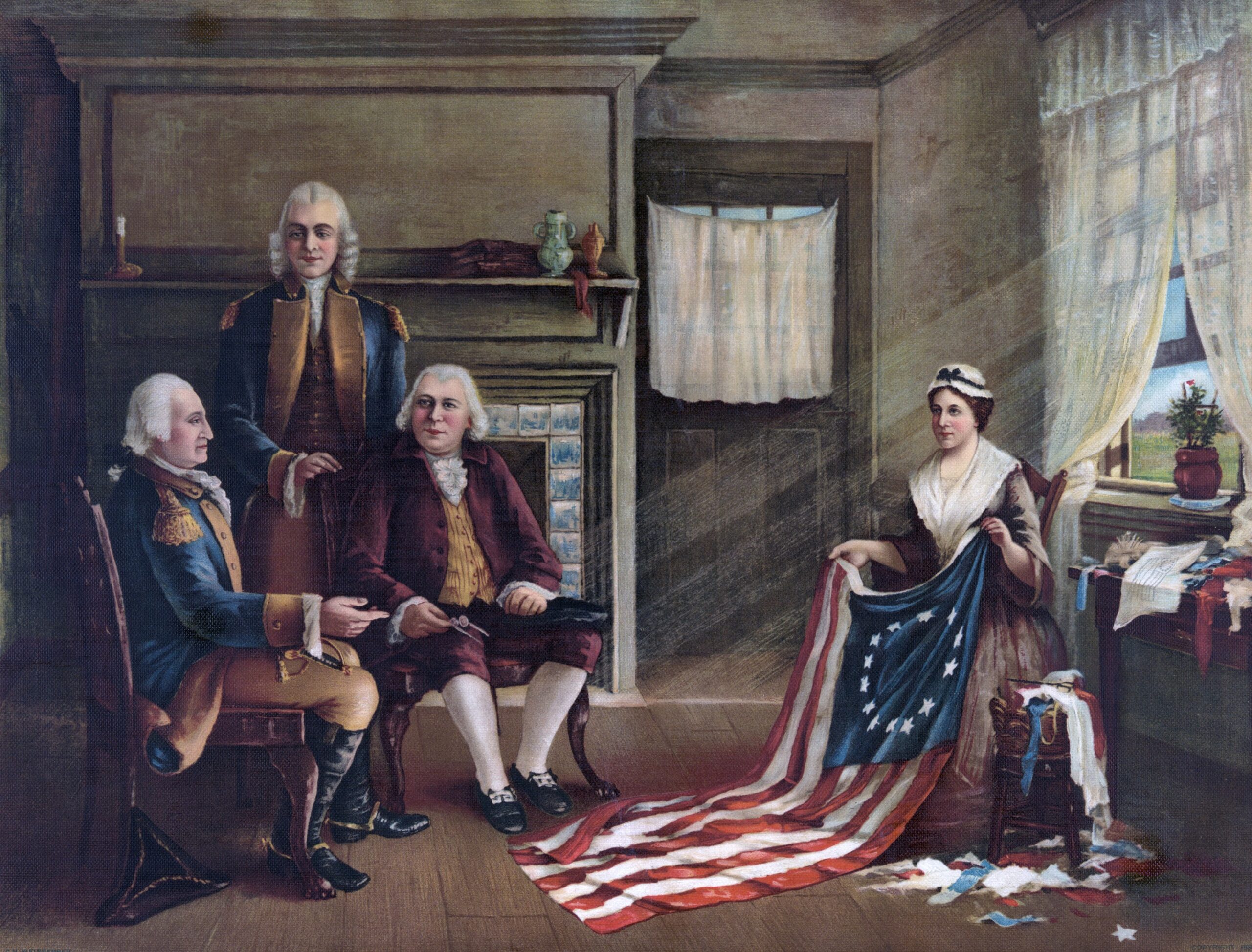 American Revolution. Betsy Ross presenting the prototype for a US flag with 13 white, five pointed stars arranged in a circle on a blue field, positioned in the upper corner of a field of alternating red and white stripes. Ross, a professional upholsterer in Philadelphia, was consulted by General George Washington for this work in 1776. This conjectural scene shows L-R: Washington, Robert Morris, George Ross (Betsy's husband), and Betsy Ross (BSLOC_2019_4_166)